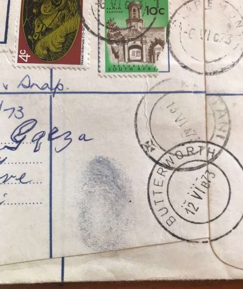 TRANSKEI THUMBPRINT MAIL Registered Kirstenhof Claremont Cape Town to Kentani 1973 Butterworth.