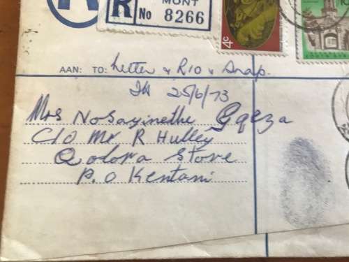 TRANSKEI THUMBPRINT MAIL Registered Kirstenhof Claremont Cape Town to Kentani 1973 Butterworth.