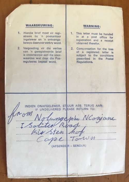 TRANSKEI THUMBPRINT MAIL Registered Kirstenhof Claremont Cape Town to Kentani 1973 Butterworth.