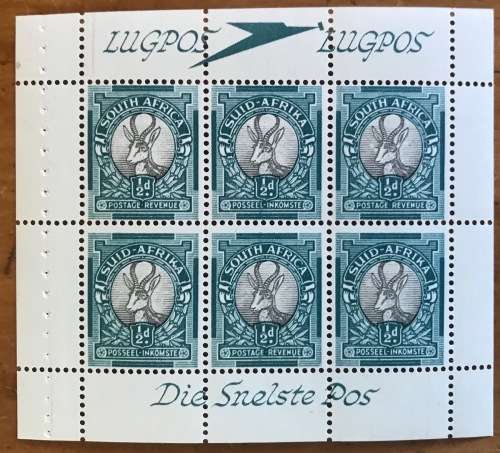 UNION of SOUTH AFRICA BOOKLET PANES x 4 1/2d 1947-54 SACC113 SG25a AIR MAIL LUG POS