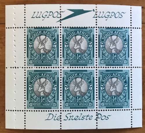 UNION of SOUTH AFRICA BOOKLET PANES x 4 1/2d 1947-54 SACC113 SG25a AIR MAIL LUG POS