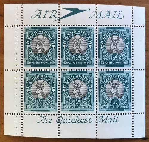 UNION of SOUTH AFRICA BOOKLET PANES x 4 1/2d 1947-54 SACC113 SG25a AIR MAIL LUG POS