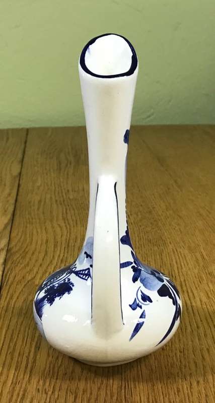 BUD VASE PORCELAIN BLUE AND WHITE WINDMILL BIRDS FLOWERS TREES PLANTS