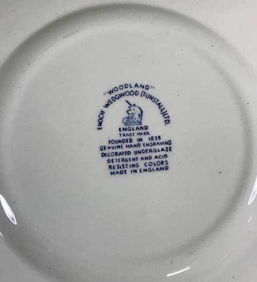 ENOCH WEDGWOOD TUNSTALL BLUE and WHITE PLATES x 3 WOODLAND PATTERN ENGLAND Graduating in size.