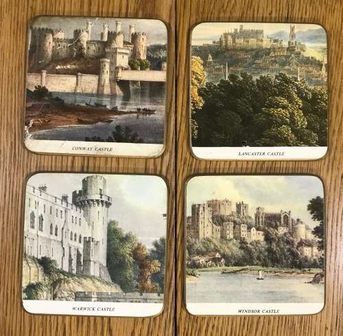 Set of 4 coasters with corked bases featuring England castles: Lancaster, Windsor, Conway, Warwick.