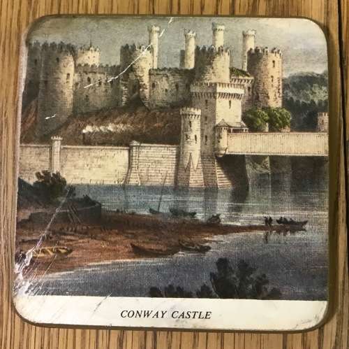 Set of 4 coasters with corked bases featuring England castles: Lancaster, Windsor, Conway, Warwick.