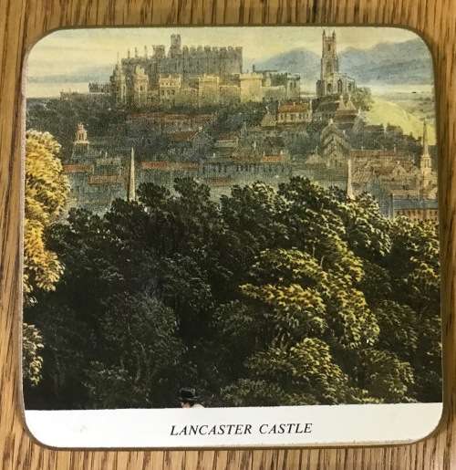 Set of 4 coasters with corked bases featuring England castles: Lancaster, Windsor, Conway, Warwick.