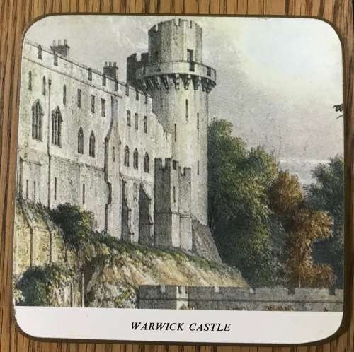 Set of 4 coasters with corked bases featuring England castles: Lancaster, Windsor, Conway, Warwick.