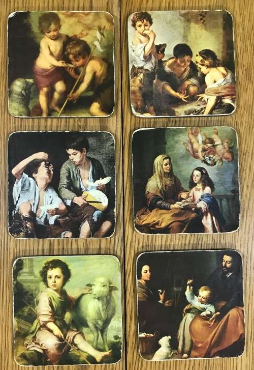 Set of 6 coasters with corked bases featuring famous artworks by various artists.