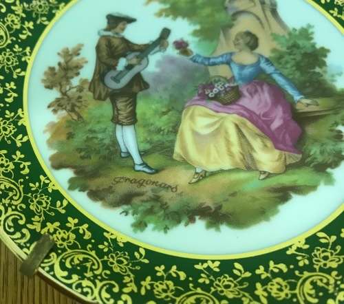 LIMOGES LA REINE French Porcelain Plate A63 FRAGONARD FRANCE GREEN and GILT BORDER 132mm Diameter