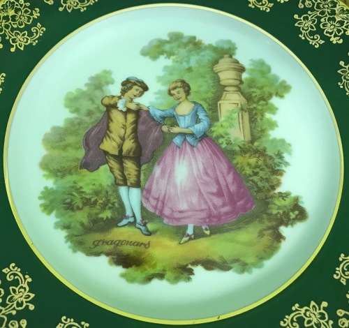 LIMOGES LA REINE French Porcelain Plate A16 FRAGONARD FRANCE GREEN and GILT BORDER 188mm Diameter.