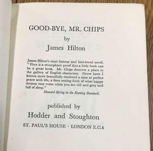 GOOD-BYE MR. CHIPS JAMES HILTON PAPERBACK 1951 HODDER and STOUGHTON ENGLAND