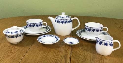 TEA for 2 TEAPOT 2 TRIOS MILK SUGAR 2 SMALL BOWLS PATRA FINE PORCELAIN THAILAND NIKKO BLUE and WHITE
