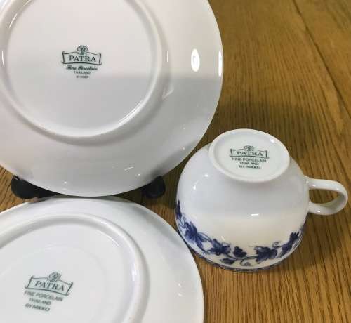 TEA for 2 TEAPOT 2 TRIOS MILK SUGAR 2 SMALL BOWLS PATRA FINE PORCELAIN THAILAND NIKKO BLUE and WHITE