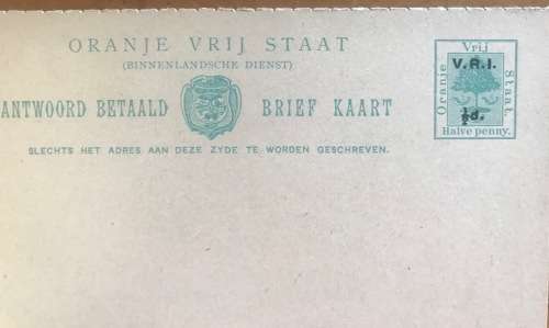 ORANGE FREE STATE ORANJE VRIJ STAAT BRIEF KAART x 2 LETTER CARDS PAIR HALF PENNY V.R.I. OVPT. MINT!!