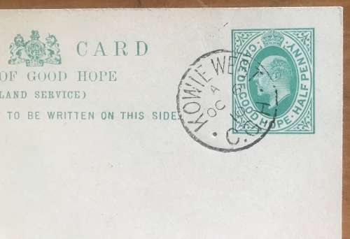 CAPE of GOOD HOPE POST CARD  HALF PENNY (INLAND SERVICE) KOWIE WEST 1910 CANCEL NOT POSTED.