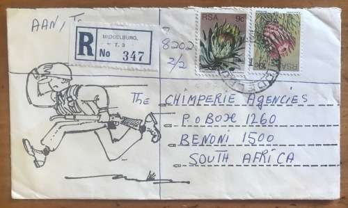 REGISTERED LETTER MIDDELBURG to BENONI 1980 COMIC SOLDIER RUNNING WITH RIFLE!! CHIMPERIE AGENCIES.