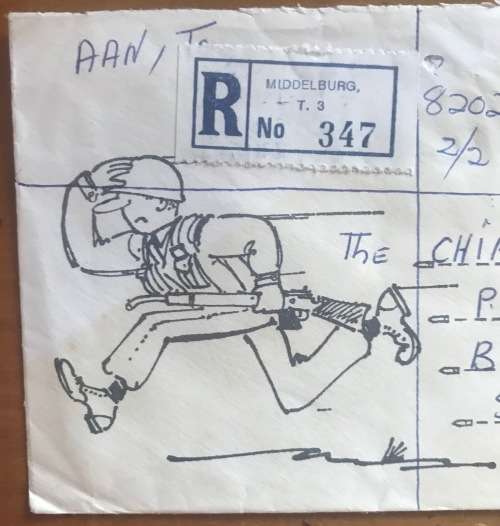 REGISTERED LETTER MIDDELBURG to BENONI 1980 COMIC SOLDIER RUNNING WITH RIFLE!! CHIMPERIE AGENCIES.