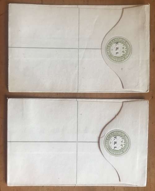 V.R.I. Z.A. REPUBLIEK AANGETEEKENDE BRIEVENPOST 4 pence REGISTERED LETTERS x 2 Orange Free State ZAR