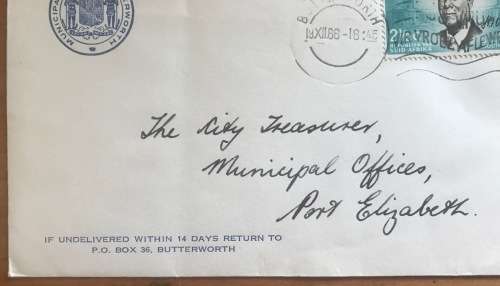 UNIVERSITY of BUTTERWORTH TRANSKEI 1966 LETTER TO CITY TREASURER MUNICIPAL OFFICES PORT ELIZABETH.