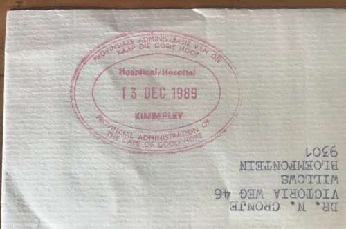 KIMBERLEY MEDICAL HOSPITAL PROVINCIAL ADMINISTRATION of CAPE of GOOD HOPE 1989 CACHET SOUTH AFRICA.