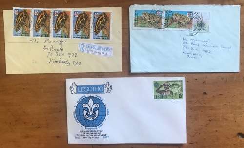 LESOTHO x 3 BOY SCOUTS FDC 1967 REGISTERED LETTER MOHALE`S HOEK LETTER MOOROSI FROGS ALOE DE BEERS