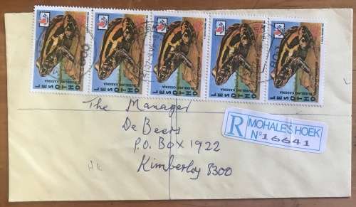 LESOTHO x 3 BOY SCOUTS FDC 1967 REGISTERED LETTER MOHALE`S HOEK LETTER MOOROSI FROGS ALOE DE BEERS