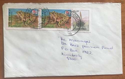 LESOTHO x 3 BOY SCOUTS FDC 1967 REGISTERED LETTER MOHALE`S HOEK LETTER MOOROSI FROGS ALOE DE BEERS