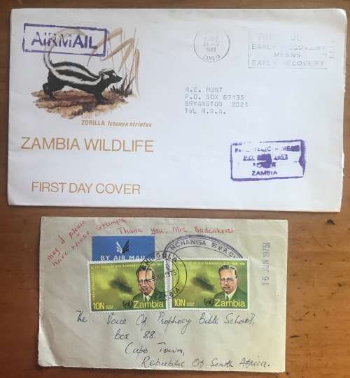 ZAMBIA COVERS x 2 1975 CHINGOLA NCHANGA SDA CHURCH 1983 WILDLIFE STRIPED POLECAT FDC ZORILLA AIRMAIL