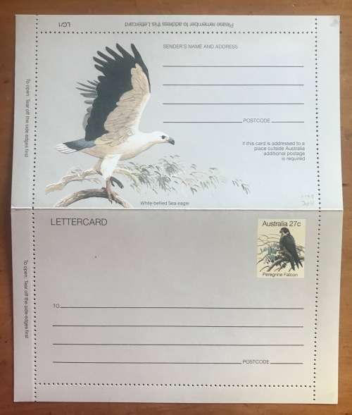 AUSTRALIA 27 cent LETTERCARD PEREGRINE FALCON WHITE-BELLIED SEA EAGLE 1982 Mint BIRDS of PREY