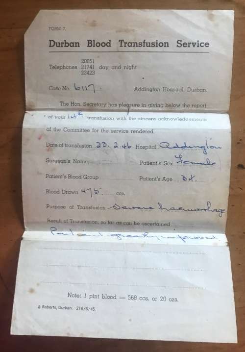 DURBAN BLOOD TRANSFUSION SERVICE wrapper 1946 FORM 7 Case No. 6117 ADDINGTON HOSPITAL HAEMORRHAGE