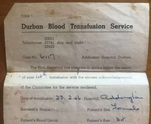 DURBAN BLOOD TRANSFUSION SERVICE wrapper 1946 FORM 7 Case No. 6117 ADDINGTON HOSPITAL HAEMORRHAGE