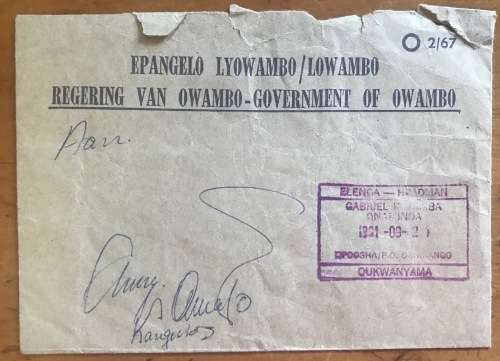 GOVERNMENT of OWAMBO OFFICIAL ENVELOPE ELENGA HEADMAN QUKANYAMA OSHIKANGO 1991 SIGNED.