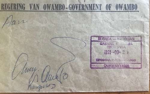 GOVERNMENT of OWAMBO OFFICIAL ENVELOPE ELENGA HEADMAN QUKANYAMA OSHIKANGO 1991 SIGNED.
