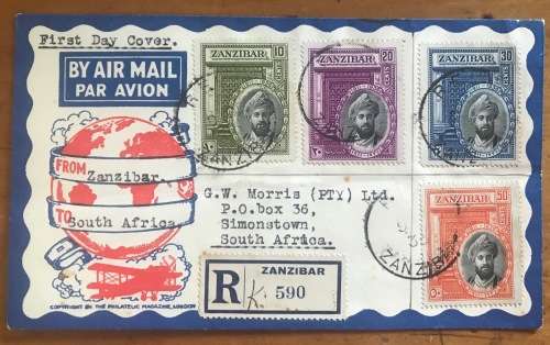 ZANZIBAR FDC 1936 SILVER JUBILEE SULTAN KALIF bin HARUB Registered AIRMAIL to South Africa SG323-6.