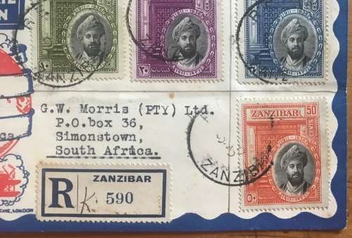 ZANZIBAR FDC 1936 SILVER JUBILEE SULTAN KALIF bin HARUB Registered AIRMAIL to South Africa SG323-6.