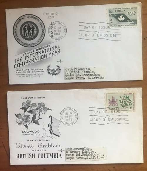CANADA 2 x FDC 1965 INTERNATIONAL CO-OPERATION YEAR PROVINCIAL FLORAL EMBLEM SERIES BRITISH COLUMBIA