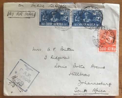 SOUTH AFRICA ON ACTIVE SERVICE WWII RAF CENSOR 759 Signed EGYPT 1942 3d pr and 6d SACC90/2 to JHB