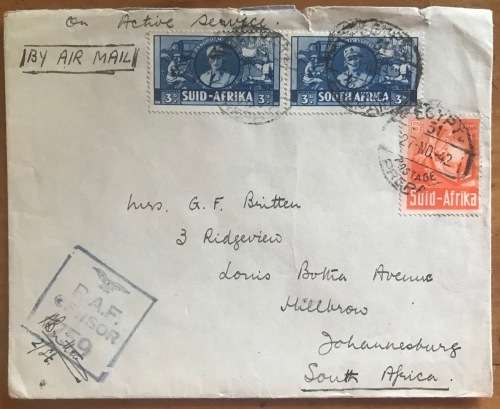 SOUTH AFRICA ON ACTIVE SERVICE WWII RAF CENSOR 759 Signed EGYPT 1942 3d pr and 6d SACC90/2 to JHB
