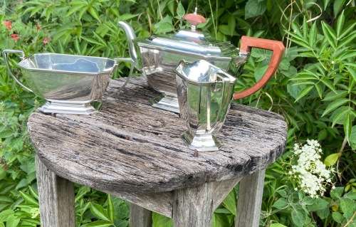STERLING SILVER HALLMARKED TEA SET art deco BIRMINGHAM ADIE BROTHERS BROS 1945/6 ENGLAND Bakelite.