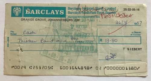 CHEQUE BARCLAYS ORANGE GROVE JHB NATIONAL BANK LIMITED 1987 POST DATED CHEQUE RETURNED STAMP