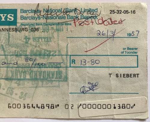CHEQUE BARCLAYS ORANGE GROVE JHB NATIONAL BANK LIMITED 1987 POST DATED CHEQUE RETURNED STAMP
