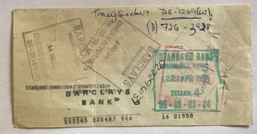 CHEQUE BARCLAYS ORANGE GROVE JHB NATIONAL BANK LIMITED 1987 POST DATED CHEQUE RETURNED STAMP