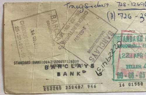 CHEQUE BARCLAYS ORANGE GROVE JHB NATIONAL BANK LIMITED 1987 POST DATED CHEQUE RETURNED STAMP