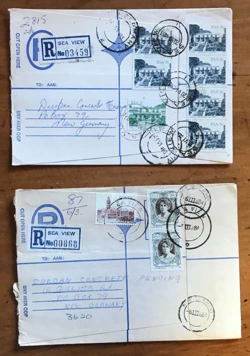 REGISTERED LETTERS x 2  SEAVIEW to NEW GERMANY 1983/4 Buildings Pauline Smith AUTHOR RSA
