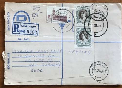 REGISTERED LETTERS x 2  SEAVIEW to NEW GERMANY 1983/4 Buildings Pauline Smith AUTHOR RSA