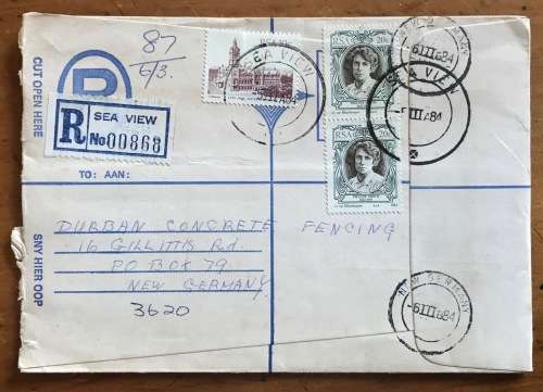 REGISTERED LETTERS x 2  SEAVIEW to NEW GERMANY 1983/4 Buildings Pauline Smith AUTHOR RSA