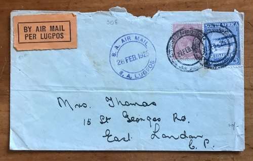SOUTH AFRICAN Experimental Service AIRMAIL COVER 1925 STELLENBOSCH to EAST LONDON 27/28 FEB 1925