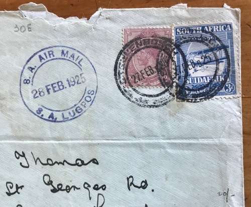 SOUTH AFRICAN Experimental Service AIRMAIL COVER 1925 STELLENBOSCH to EAST LONDON 27/28 FEB 1925