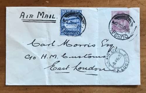 SOUTH AFRICAN Experimental Service AIRMAIL COVER 1925 DURBAN to EAST LONDON 9 APRIL 1925